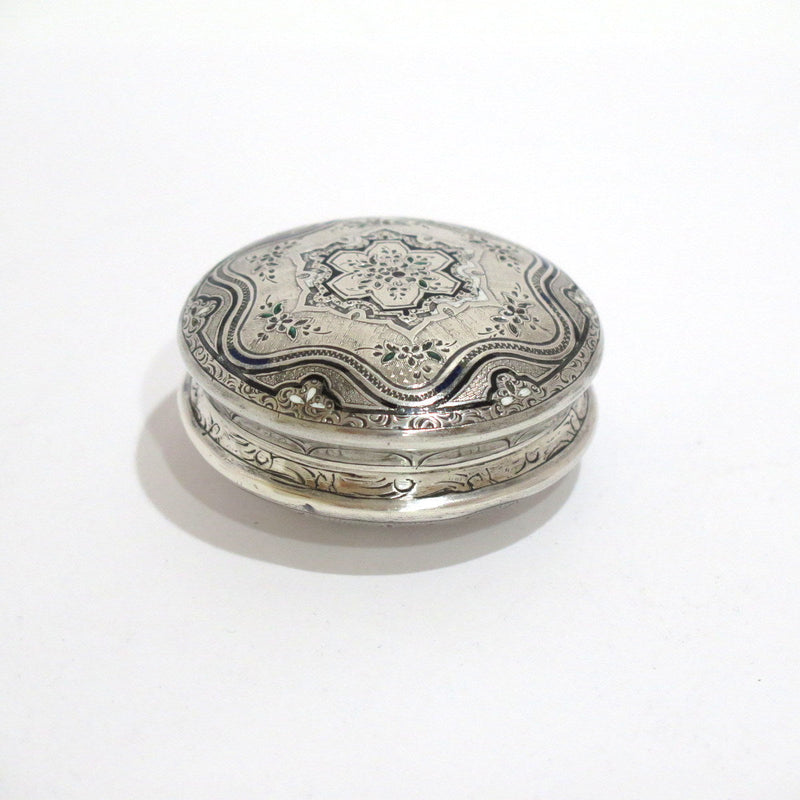 2.25" Sterling Silver Gilded Interior Black Enamel Antique Floral Snuff/Pill Box