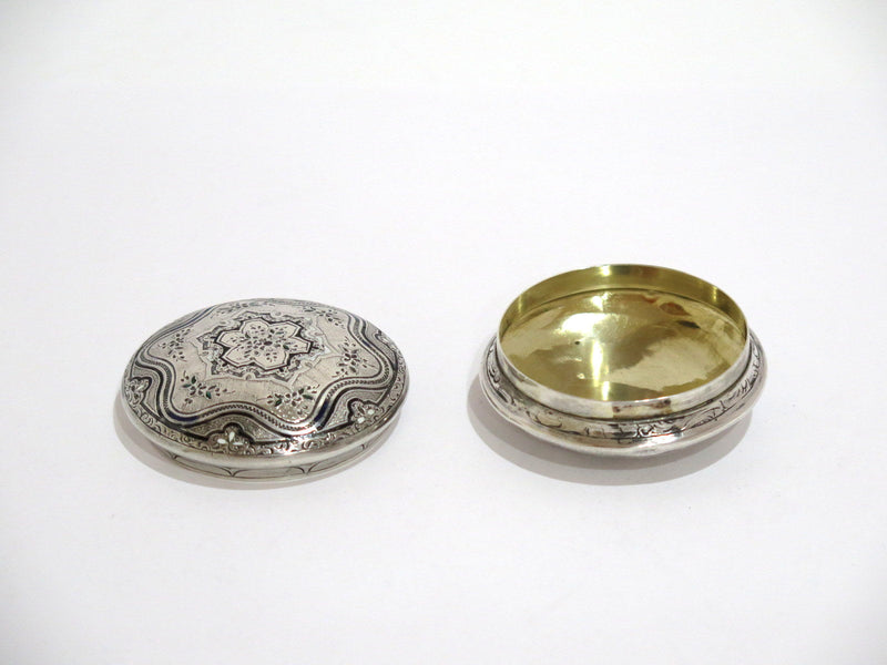 2.25" Sterling Silver Gilded Interior Black Enamel Antique Floral Snuff/Pill Box