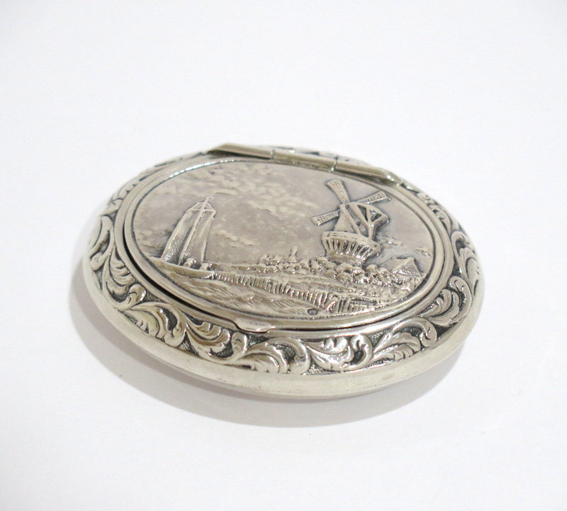 2.5 in - European Silver Antique Dutch Windmill & Sailboat Oval Snuff Box