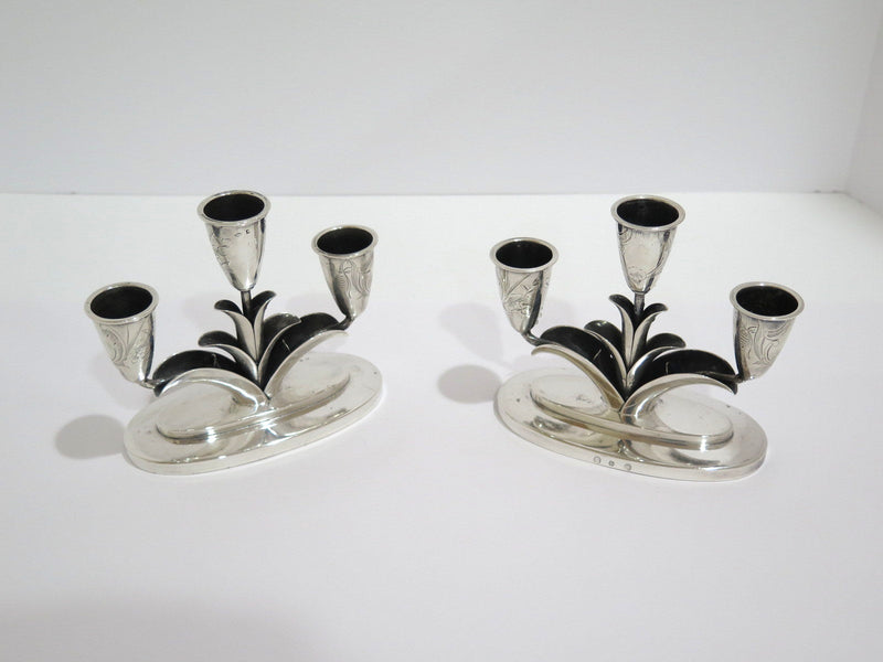 Set of 2 - 5.5 in - Sterling Silver Antique Art Deco Weighted Floral Candelabra