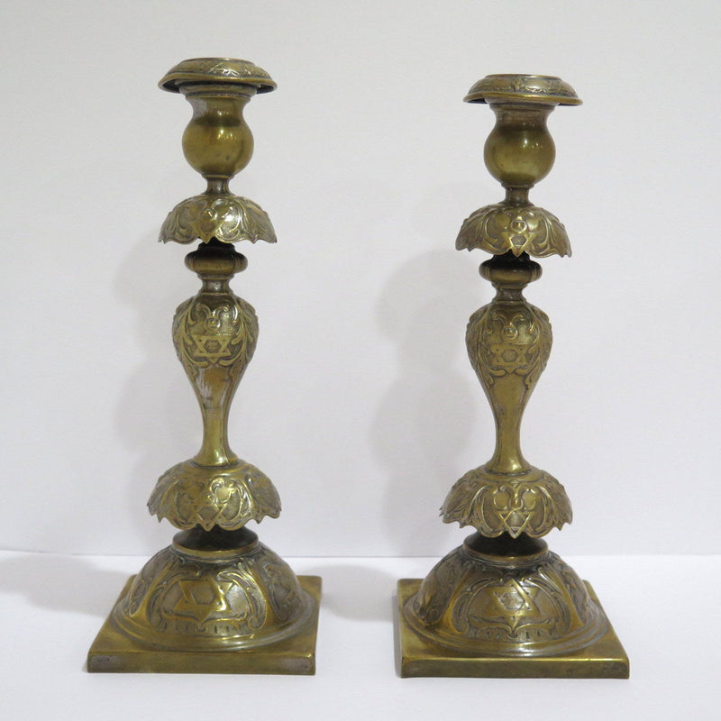 Pair of 12.75" Bronze Henneberg Warsaw Antique 1908 Star of David Candle Sticks